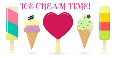 Beş farklı tatlı dondurma metin ile bir arka plan üzerinde bir dizi.