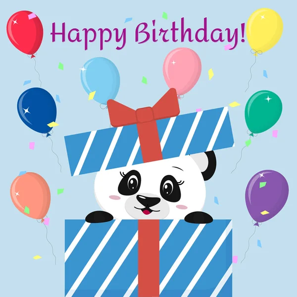 Panda néz ki a díszdobozban, a háttérben a lufi. boldog születésnapot. — Stock Vector