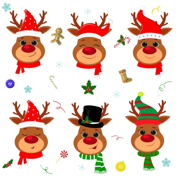 Feliz Año Nuevo y Feliz Navidad. Conjunto de seis lindos renos cabeza con diferentes emociones en diferentes Santa Claus sombrero y bufanda, muñeco de nieve, elfo. Accesorios navideños. Dibujos animados, estilo plano, vector — Vector de stock