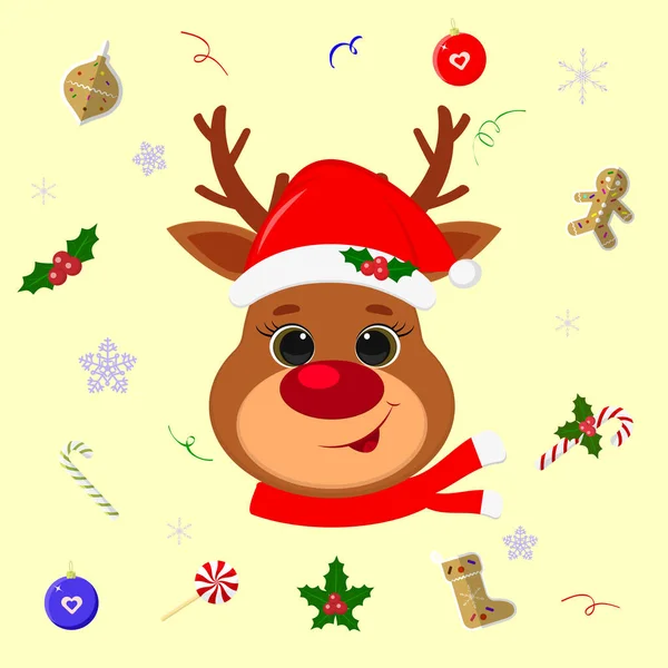 Šťastný Nový rok a veselé Vánoce. Roztomilý sobi v Santa klobouku a šále. Backdrop s vánočními prvky lízátko, perníková sušenka, vločka, konfety. Karikatura, plochý styl, vektor — Stockový vektor