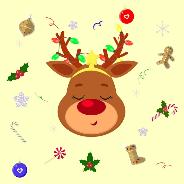 La mulţi ani şi Crăciun Fericit. Drăguţ cap de căprioară, pe coarnele unei ghirlande. Fundal cu elemente de Crăciun acadea, prăjituri de turtă dulce, fulgi de zăpadă, confetti. Desen animat, stil plat, vector — Vector de stoc