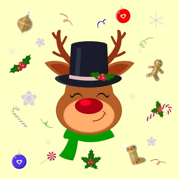 Gott nytt år och god jul. Söt hjortskalle i hatt och snömanssjal. Bakgrund med julelement klubba, pepparkakor, snöflingor, konfetti. Tecknad serie, platt stil, vektor — Stock vektor