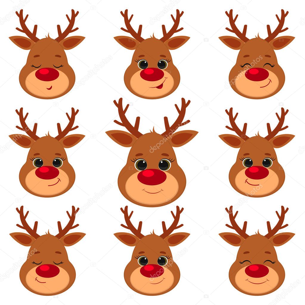 Collection, set of nine cute reindeer head isolated on a white background. Joyful, happy, sleeping, smiling. Cartoon, flat style, vector