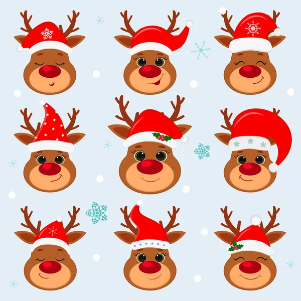Feliz Año Nuevo y Feliz Navidad. Conjunto de nueve lindos renos en el sombrero de Santa sobre un fondo de invierno. Dibujos animados, estilo plano, vector — Vector de stock