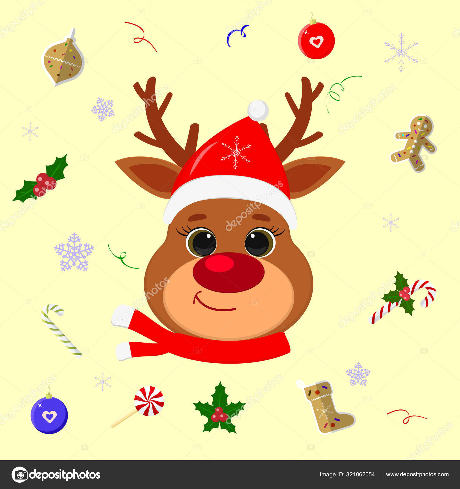 Feliz Año Nuevo y Feliz Navidad. Lindo reno cabeza en sombrero de santa y bufanda. Fondo Feliz Año Nuevo y Feliz Navidad. Lindo reno cabeza en sombrero de santa y bufanda. Fondo