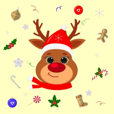 Happy New Year and Merry Christmas. Cute head reindeer in santa hat and scarf. Backdrop with christmas elements lollipop, gingerbread cookie, snowflake, confetti. Cartoon, flat style, vector clipart