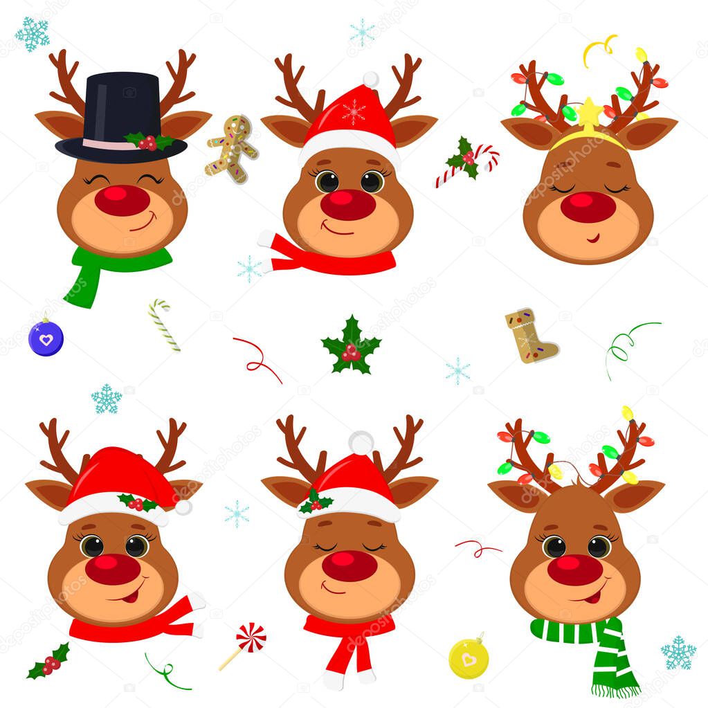 Happy New Year and Merry Christmas. Set of six cute reindeer head with different emotions in different Santa Claus hat and scarf, snowman, elf. Christmas accessories. Cartoon, flat style, vector