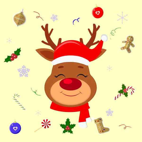 Mutlu yıllar ve mutlu Noeller. Noel Baba şapkası ve eşarbıyla sevimli bir ren geyiği. Arkaplanda Noel elemanları, lolipop, zencefilli kurabiye, kar tanesi, konfeti. Çizgi film, düz biçim, vektör — Stok Vektör