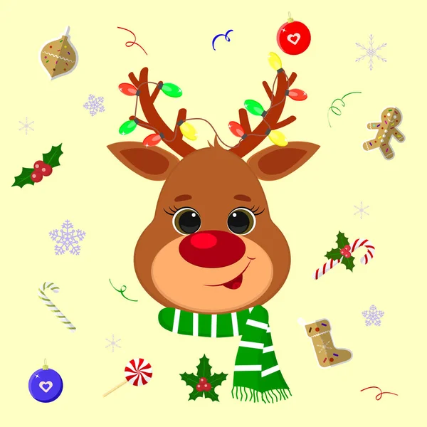 Feliz Año Nuevo y Feliz Navidad. Bonita cabeza de ciervo, en los cuernos de una guirnalda. Fondo con elementos navideños piruleta, galletas de jengibre, copos de nieve, confeti. Dibujos animados, estilo plano, vector — Vector de stock