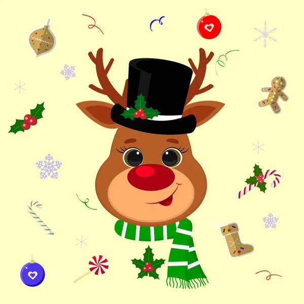 Feliz Año Nuevo y Feliz Navidad. Linda cabeza de ciervo en un sombrero y una bufanda de muñeco de nieve. Fondo con elementos navideños piruleta, galletas de jengibre, copos de nieve, confeti. Dibujos animados, estilo plano, vector — Vector de stock