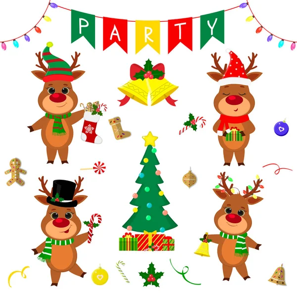 Christmas and New Year party 2020. Set of four cute reindeer in different costumes. Christmas tree, gifts, bells, sweets and other decor items. Cartoon style, Vector — Stock Vector