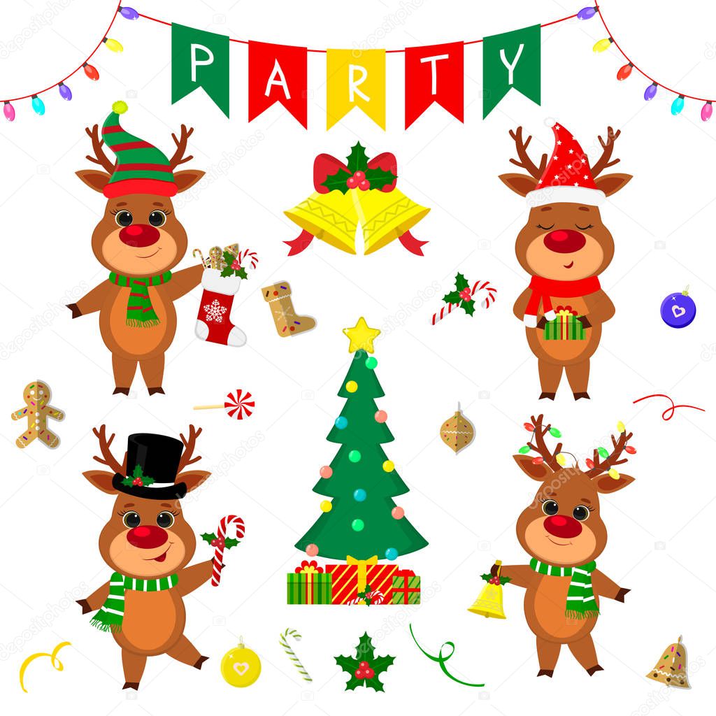 Christmas and New Year party 2020. Set of four cute reindeer in different costumes. Christmas tree, gifts, bells, sweets and other decor items. Cartoon style, Vector