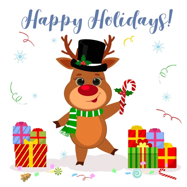 메리 크리스마스, 행복 한 신년 2020 년 인사말 카드. 모자와 스카프를 쓴 귀여운 순록은 눈송이와 서펜타인을 배경으로 선물 상자에 롤리팝을 들고 있다. 만화 스타일, 벡터 — 스톡 벡터