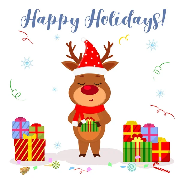 메리 크리스마스, 행복 한 신년 2020 년 인사말 카드. 모자를 쓴 귀여운 순록 과 산타 스카프에는 눈송이와 서펜타인을 배경으로 선물 상자가 들어 있다. 만화 스타일, 벡터 — 스톡 벡터