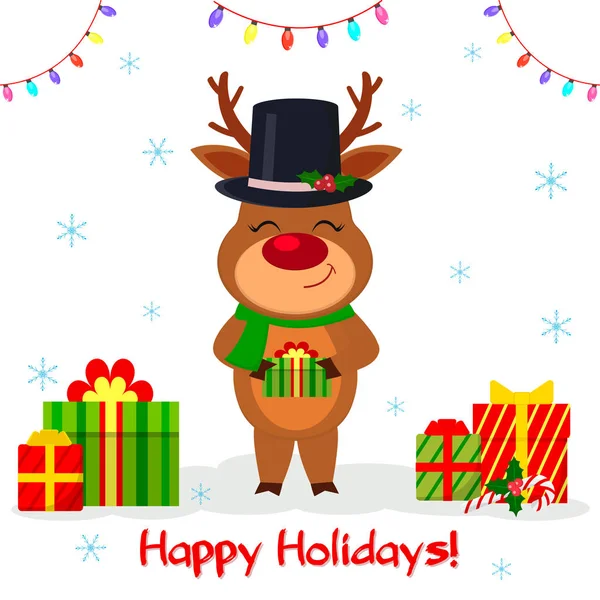 메리 크리스마스, 행복 한 신년 2020 년 인사말 카드. 눈 사람의 모자와 스카프를 두른 귀여운 순록은 눈송이 , 갈런드 그리고 선물 상자를 배경으로 선물을 들고 있다. 만화 스타일, 벡터 — 스톡 벡터