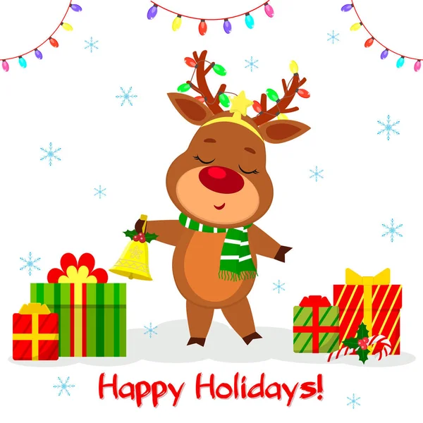 메리 크리스마스, 행복 한 신년 2020 년 인사말 카드. 갈랜드 의 뿔에 달린 귀여운 순록 과 스카프에는 종소리가 울려퍼진다. 눈송이와 선물 상자. 만화 스타일, 벡터 — 스톡 벡터