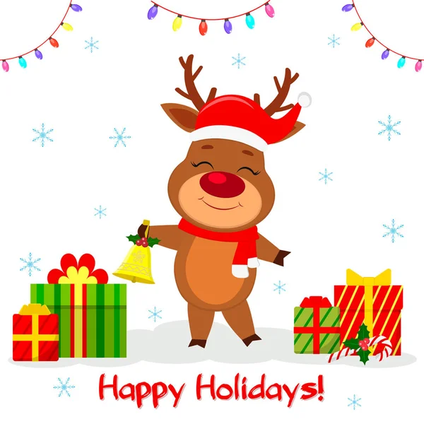 Merry Christmas and Happy New Year postcard 2020. Cute reindeer in Santa hat and scarf holding a bell against the background of snowflakes, a garland and a box with gifts. Cartoon style, Vector — Stock Vector