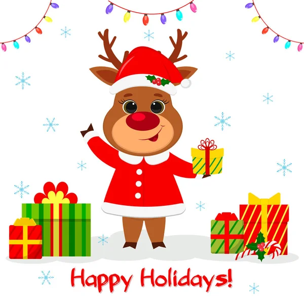 메리 크리스마스, 행복 한 새해 엽서 2020. 산타 의상을 입은 귀여운 순록은 눈송이, 갈런드, 선물 상자등을 배경으로 선물 상자를 들고 있다. 만화 스타일, 벡터 — 스톡 벡터
