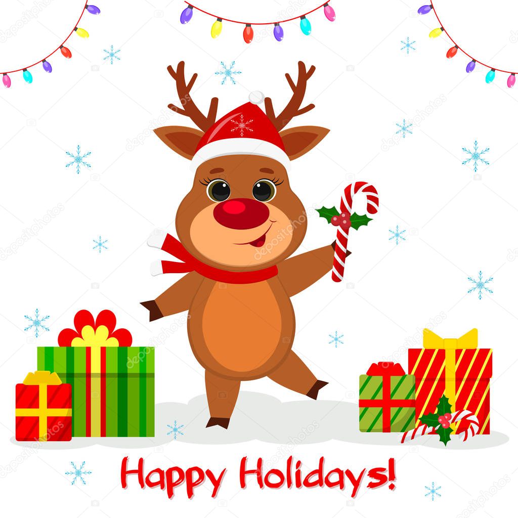 Merry Christmas and happy new year 2020 greeting card. Cute reindeer in santa hat and scarf holds a lollipop on the background of snowflakes, a garland and a box with gifts. Cartoon style, Vector