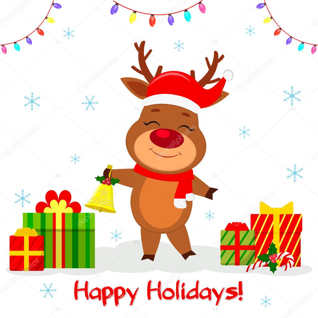 Merry Christmas and Happy New Year postcard 2020. Cute reindeer in Santa hat and scarf holding a bell against the background of snowflakes, a garland and a box with gifts. Cartoon style, Vector