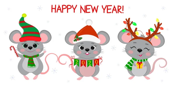 メリークリスマスと幸せな新年2020 。新年の衣装や休日のアイテムが異なる3つのかわいいネズミ。漫画、フラットスタイル、ベクトル — ストックベクタ