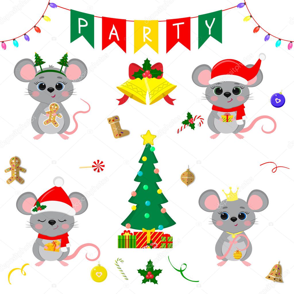 Christmas and New Year s party 2020. Set of four cute mouse rats in different costumes. Christmas trees, gifts, bells, sweets and other decor items. Cartoon style, Vector