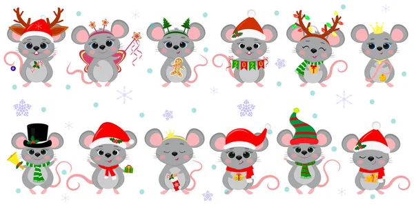 Boże Narodzenie i Nowy Rok 2020. Zestaw dwunastu uroczych szczurów myszy w różnych kostiumach z akcesoriami wakacyjnymi na tle płatków śniegu. Kreskówka, płaski styl, Wektor — Wektor stockowy
