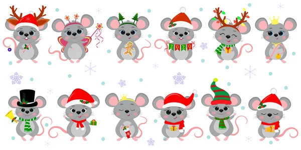 Christmas and New Year 2020. A set of twelve cute mouse rats in different costumes with holiday accessories on a background of snowflakes. Cartoon, flat style, Vector