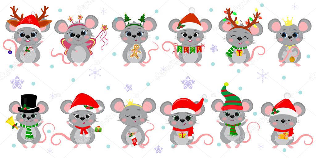 Christmas and New Year 2020. A set of twelve cute mouse rats in different costumes with holiday accessories on a background of snowflakes. Cartoon, flat style, Vector