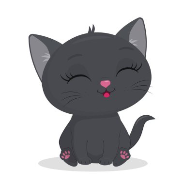 Beyaz arka planda izole edilmiş sevimli gri kedi yavrusu. Komik evcil hayvan, sevimli sakin, gözleri kapalı İngiliz kedisi, sevimli tüylü arkadaş. Çizgi film biçimi, vektör