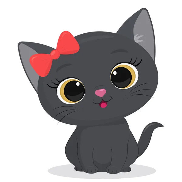 Cute gray kitten with red bow isolated on a white background. Funny pet, charming sitting kitten of British breed, cute furry friend. Cartoon style, vector — Stock Vector