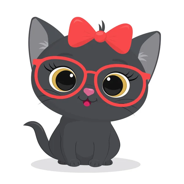 Cute gray kitten with a red bow and glasses isolated on white background. Funny pet, charming sitting kitten of British breed, cute furry friend. Cartoon style, vector — Stock Vector