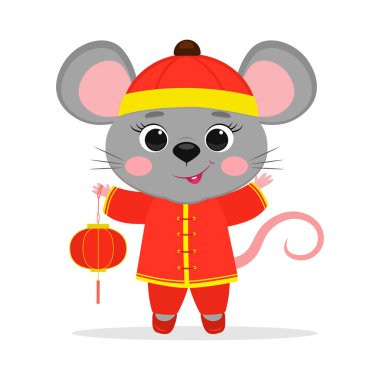 2020 'nin Çin burcu fareleri. Çin geleneksel kırmızı kostümlü şirin bir fare ya da sıçan beyaz arka planda izole edilmiş kırmızı bir Çin feneri tutar. Çizgi film biçimi, vektör