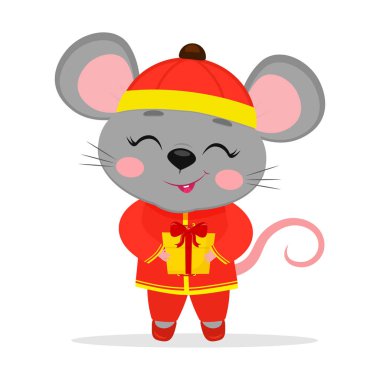 2020 'nin Çin burcu fareleri. Çin geleneksel kırmızı kostümlü şirin bir fare ya da sıçan beyaz arka planda izole edilmiş bir hediye kutusu tutar. Çizgi film biçimi, vektör