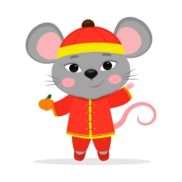 Chinese zodiac rats of 2020. A cute mouse or rat in a Chinese traditional red costume is holding a ripe mandarin isolated on a white background. Cartoon style, vector — Stock Vector