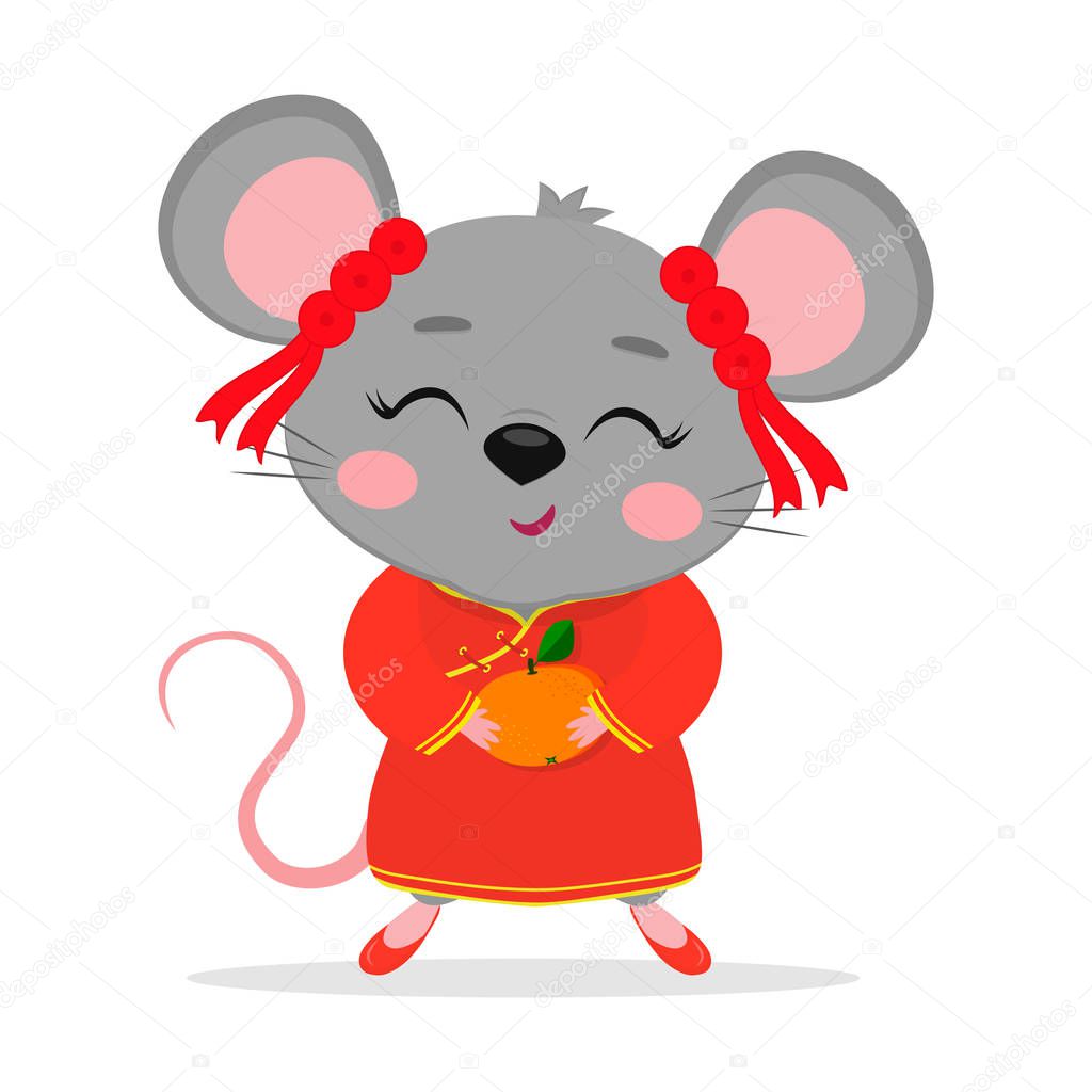 Chinese zodiac rats of 2020. A cute mouse or rat in a Chinese traditional red costume is holding a ripe mandarin isolated on a white background. Cartoon style, vector