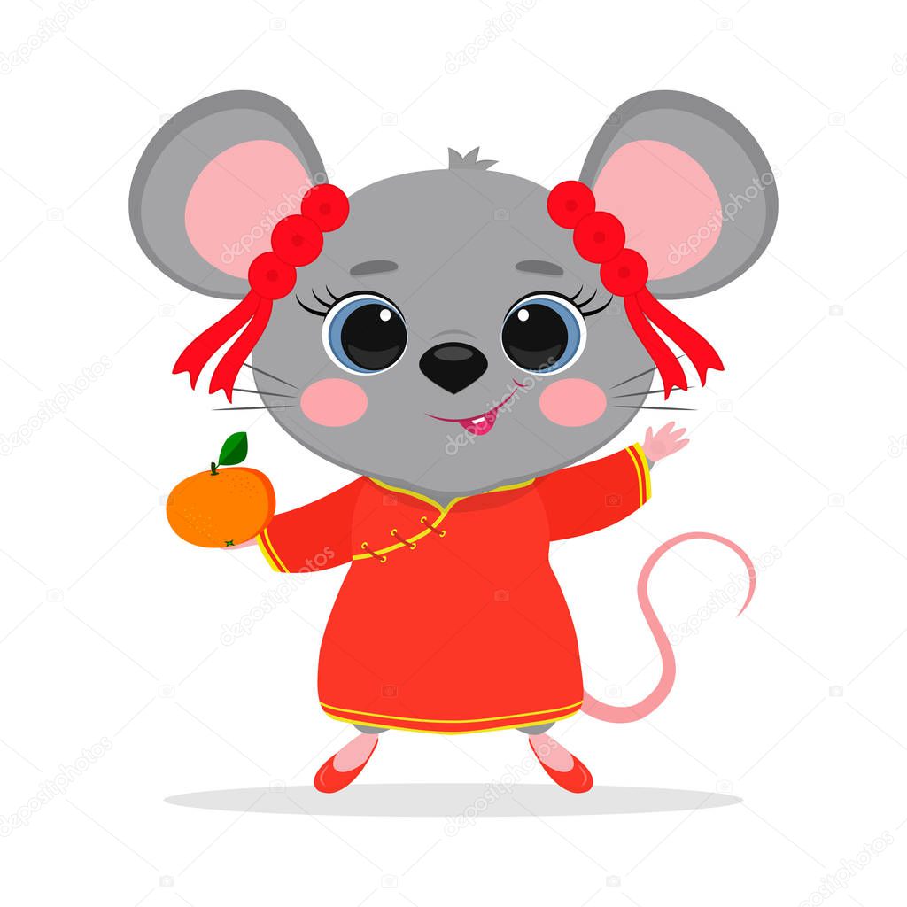 Chinese zodiac rats of 2020. A cute mouse or rat in a Chinese traditional red costume is holding a ripe mandarin isolated on a white background. Cartoon style, vector