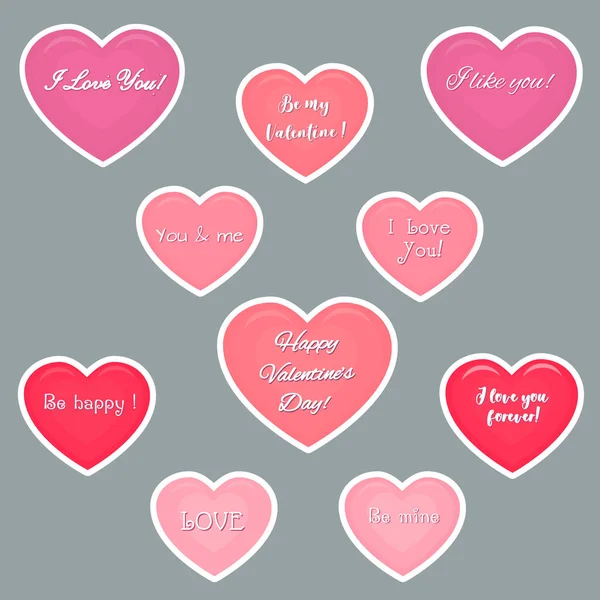 Векторный набор из десяти наклеек розовых сердец на белые наклейки с текстом о любви. День Святого Валентина или свадьба для вашего дизайна. Плоский стиль — стоковый вектор