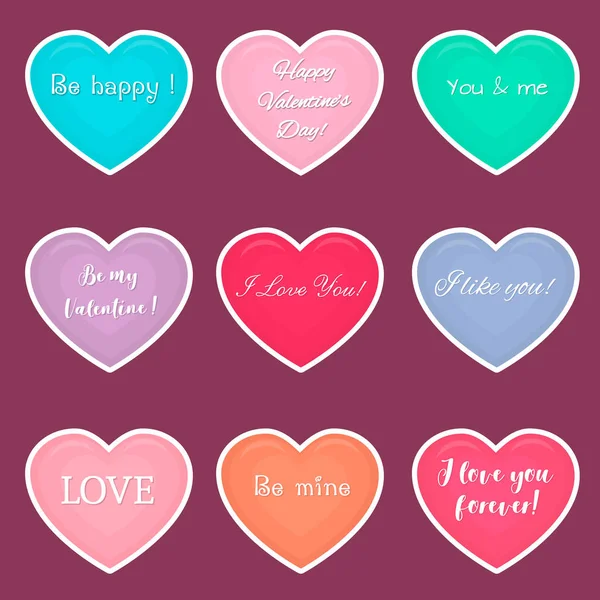 Set of cute red hearts with text and different patterns. ⬇ Vector Image