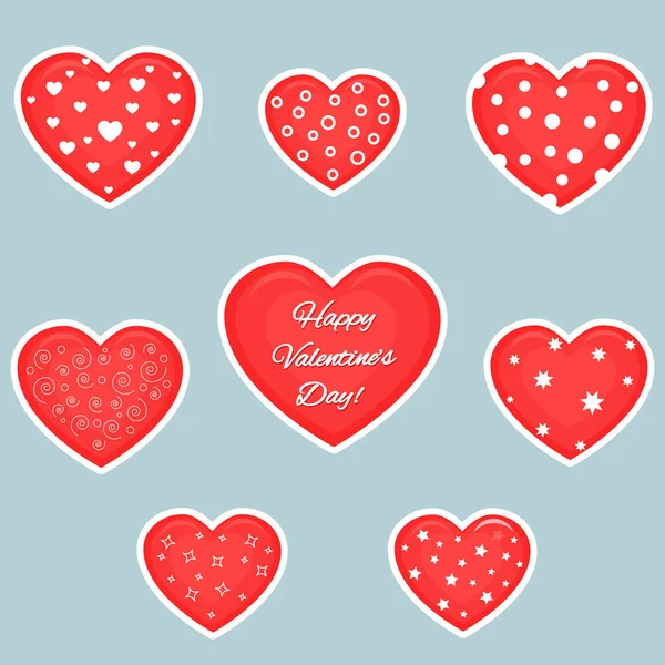 Vector set of eight red hearts stickers in white stroke with text about love and patterns isolated on a dark background. Valentine s day or wedding for your design. Flat style — Stock Vector