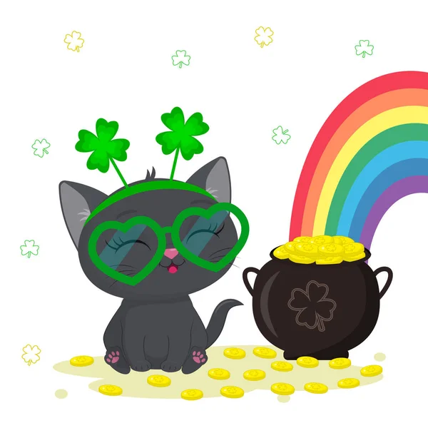 St. Patrick s Day biglietto di auguri. Grazioso gattino grigio in un bordo di trifoglio e occhiali seduto, un cappello da bowler con monete d'oro, un arcobaleno. Stile cartoni animati, design piatto. Illustrazione vettoriale — Vettoriale Stock