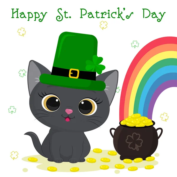Cartolina al giorno di San Patrizio. Grazioso gattino grigio in un cappello verde di leprechaun seduto, ciotola con monete d'oro, arcobaleno. Stile cartoni animati, design piatto. Illustrazione vettoriale — Vettoriale Stock
