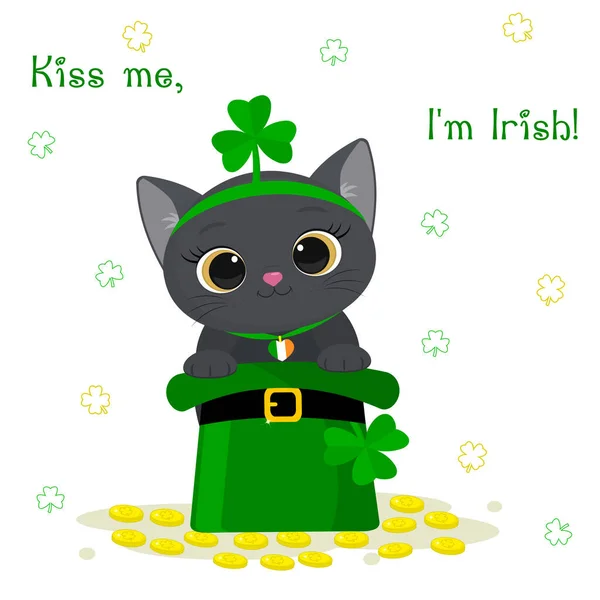 St. Patrick s Day biglietto di auguri. Carino gatto grigio in un cerchio con trifoglio, seduto in un cappello verde, un nano, monete d'oro. Stile cartoni animati, design piatto. Illustrazione vettoriale — Vettoriale Stock