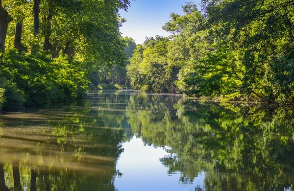 Canal du Midi, sycamore bomen reflectie in water, Zuid-Frankrijk — Stockfoto