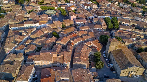 Aerial top view of Bram medieval village architecture and roofs from above, Southern France — Stock Photo, Image