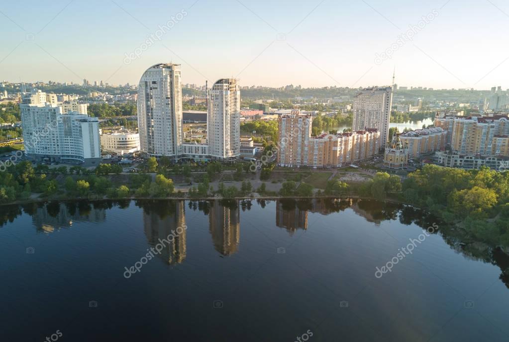 Aerial view of new modern residential Obolon district near Dnieper river in Kiev city, Ukraine