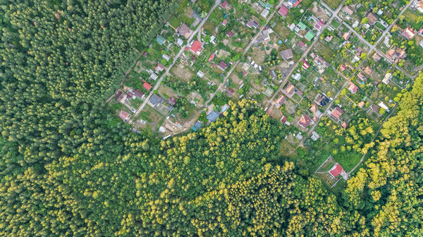 Aerial top view of residential area summer houses in forest from above, countryside real estate and small dacha village in Ukraine