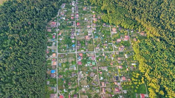 Aerial top view of residential area summer houses in forest from above, countryside real estate and small dacha village in Ukraine — Stock Photo, Image