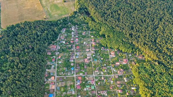 Aerial top view of residential area summer houses in forest from above, countryside real estate and small dacha village in Ukraine
