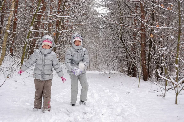 Gelukkige Kinderen Spelen Met Sneeuw Winter Bos Familie Winter Weekend — Stockfoto